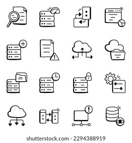 Set of Server Storage and Hosting Doodle Icons

