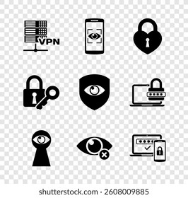 Set Server VPN, Mobile and eye scan, Castle in the shape of heart, Keyhole with, Invisible or hide and Two steps authentication icon. Vector