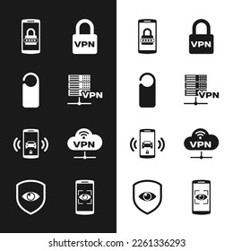 Set Server VPN, Please do not disturb, Mobile and password, Lock, Smart car alarm system and Network cloud connection icon. Vector