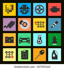 Set of Service Car flat icon on black background.Vector illustration.