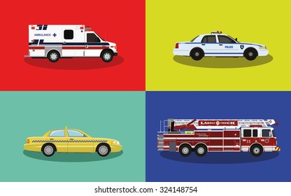 A set of service cars. Police, ambulance, fire truck, taxi.
