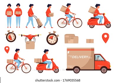 Set of service delivery. Delivery service concept by truck, drone, scooter and bicycle courier. Lot of parcels, deadline timer. Vector illustration in flat style.