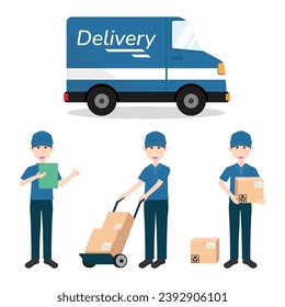 Set of service delivery. Staff and truck : operator,  courier vector isolated on white background