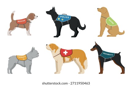 A set of service dogs designed to provide assistance in various roles including rescue, therapy, police, guide dogs, and security, in a flat vector style.