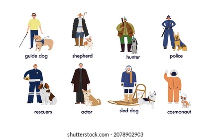 A set of service dogs. Professions of dogs. Illustration on a white background of service dogs of different breeds and people. Police dog and rescue dog. Dog are hunters and dogs are shepherds.