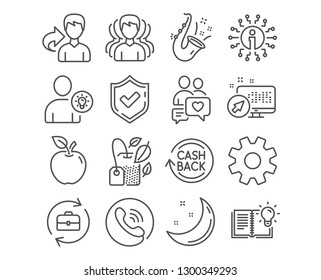 Set of Service, Group and Dating chat icons. User idea, Cashback and Jazz signs. Mint bag, Human resources and Product knowledge symbols. Cogwheel gear, Headhunting service, People love. Vector
