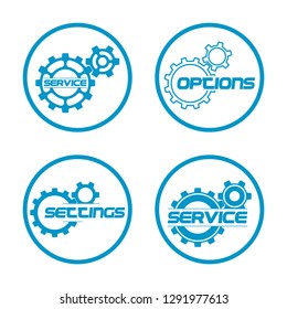 Set service icons image of tools gears parts. Symbols options tools spanner for repair. Settings service spanner pictures. Logo spare parts. Set options logo. Car wrench repair service