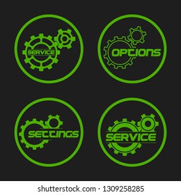 Set service icons image of tools gears parts. Symbols options tools spanner for repair. Settings service spanner pictures. Logo spare parts. Set options logo. Car wrench repair service