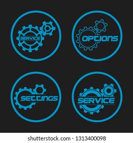 Set service icons image of tools gears parts. Symbols options tools spanner for repair. Settings service spanner pictures. Logo spare parts. Set options logo. Car wrench repair service