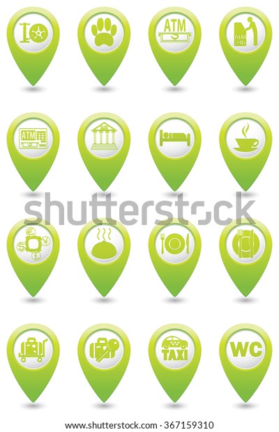 Set of service\
icons on green map\
pointers.