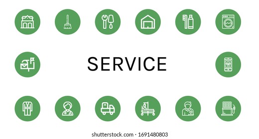 Set Of Service Icons. Such As Fire Station, Broom, Tools, Garage, Dental Hygiene, Washing Machine, Coat, Doctor, Delivery Truck, Hospital Bed, Waitress, Fuel, Mailbox , Service Icons