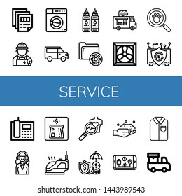 Set of service icons such as Printing, Electrician, Washing machine, Van, Ink, Settings, Food truck, Cooling system, Paw print, Insurance, Telephone, Support services , service