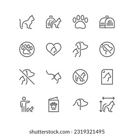 Set of service pet related icons, emotional support cat, pet assistance, restriction sign, pet transportation and linear variety vectors.