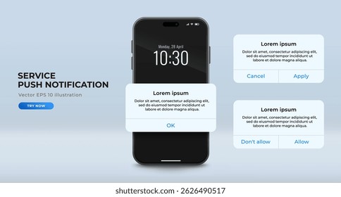 Set of service or system pop-up push notification templates with realistic smartphone. Reminder message from a mobile app, vector illustration. 
