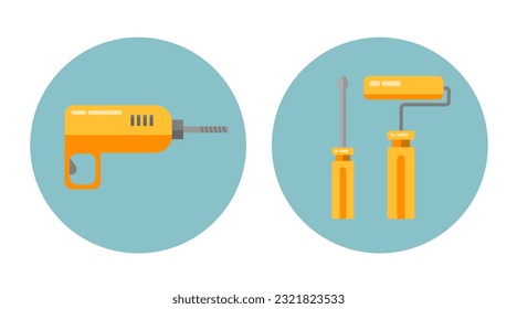 Set of service tools icons. Industry hand drawn flat collection. Industrial equipment