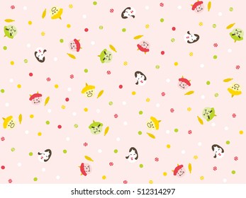 Set of Setsubun illustrations. Setsubun:Japanese traditional event on February 3. People throw soy-beans at devil.