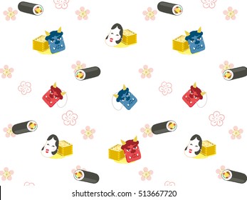 Set of Setsubun illustrations. Setsubun:Japanese traditional event on February 3. People throw soy-beans at devil.