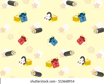 Set of Setsubun illustrations. Setsubun:Japanese traditional event on February 3. People throw soy-beans at devil.