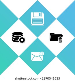 Set Setting database server, New, email incoming message, Floppy disk and Delete folder icon. Vector