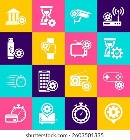 Set Setting, Gamepad setting, Hourglass, Security camera, Smartwatch and USB flash drive icon. Vector