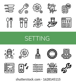 Set of setting icons. Such as Knife, Cutlery, Wrench, Setting, Music, Eating, Serve, Adjustment, Settings, DJ, Fork, Levels, Plate, Configuration , setting icons