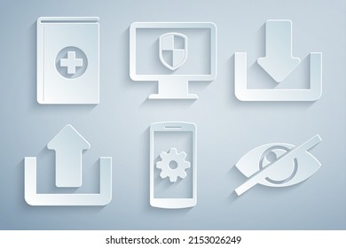 Set Setting on smartphone, Download, Upload, Invisible or hide, Monitor and shield and Medical book icon. Vector