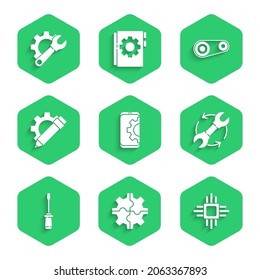 Set Setting on smartphone, Gear, Processor with microcircuits CPU, Wrench and arrows as workflow, Screwdriver, Pencil gear, Timing belt kit and spanner icon. Vector