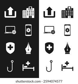 Set Setting on smartphone, Laptop and gear, Upload, Dental clinic, Medical shield with cross and Fountain pen nib icon. Vector