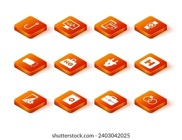 Set Setting on smartphone, Medical book, Chat, Weight, Toolbox and Electric plug icon. Vector