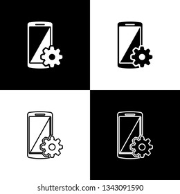 Set Setting on smartphone screen icons on black and white background. Mobile phone and gear sign. Adjusting app, set options, fixing phone concepts. Line, outline and linear icon. Vector Illustration
