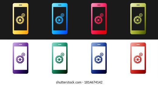 Set Setting on smartphone screen icon isolated on black and white background. Mobile and gear. Adjusting app, set options, repair, fixing phone concepts. Vector.