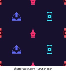 Set Setting on smartphone, Upload inbox, Fountain pen nib and Smartwatch setting on seamless pattern. Vector.