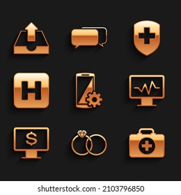 Set Setting on smartphone, Wedding rings, First aid kit, Monitor with cardiogram, dollar and Hospital icon. Vector