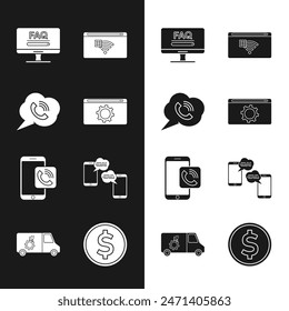 Set Setting, Speech bubble with phone call, Monitor FAQ information, No Internet connection, Mobile, Chat messages mobile, Coin money dollar and Car service icon. Vector