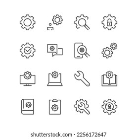 Set of settings and controls related icons, account, setup, install, gears and linear variety vectors.
