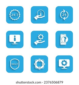 Set Settings in the hand, Lifebuoy, Location with gear, Mobile phone question, Shield text Help, Information, Telephone 24 hours support and Clock icon. Vector