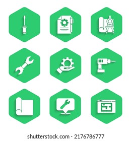 Set Settings in the hand, Location with wrench spanner, House plan, Electric drill machine, Graphing paper for engineering, Wrench, compass and Screwdriver icon. Vector