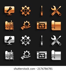 Set Settings in the hand, Screwdriver wrench spanner, Graphing paper for engineering, House plan, compass, Location with and Processor icon. Vector