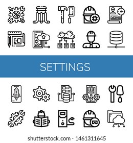 Set of settings icons such as Tool, Blueprint, Slider, Cloud storage, Tools, Cloud computing, Engineer, Time management, Database, App, Setting, Settings, Case data , settings