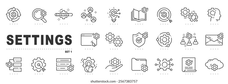 Set of settings line icons. Option, gear, cog,  setup etc. Editable stroke