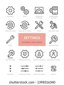 Set of Settings related vector line icons with editable stroke. Contains icons such as Gear, Computer Settings, Privacy Settings, Switch and more.