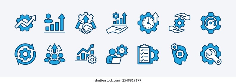 Conjunto de configurações e ícone de configuração vetor. Contendo otimização, melhoria, aumento da cooperação nos negócios, gerenciamento de tempo, velocidade de trabalho, manutenção, crescimento, listar trabalho, desenvolvimento, progresso