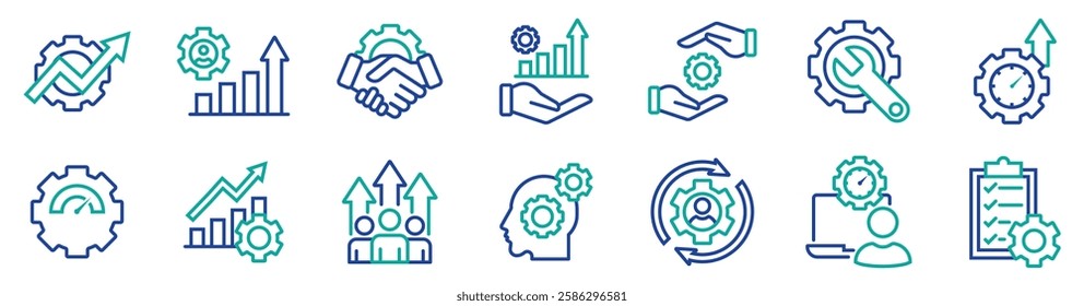 Set of settings and setup icon vector. Containing optimization, improvement, increasing cooperation in business, time management, work speed, maintenance, growth up, list job, development, progress