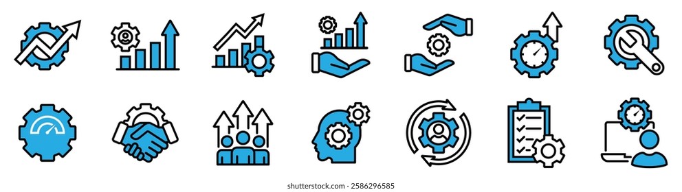 Set of settings and setup icon vector. Containing optimization, improvement, increasing cooperation in business, time management, work speed, maintenance, growth up, list job, development, progress