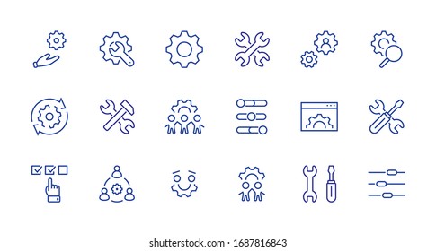 Set of Settings and Setup Vector Line Icons. Contains such Icons as Gear, Setting, Control, Iinstall, Options, Service, and more. Editable Stroke. 32x32 Pixels.