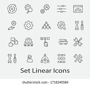 Conjunto de ajustes e iconos de línea vectorial de configuración. Contiene iconos como Engranaje, Configuración, Control, Instalación, Opciones, Servicio y más. Trazo editable. 32 x 32 píxeles