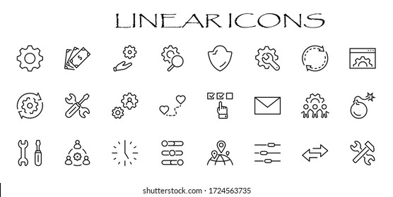 Set of Settings and Setup Vector Line Icons. Contains such Icons as Gear, Setting, Control, Iinstall, Options, Service, and more. Editable Stroke. 32x32 Pixels