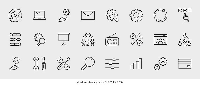 Conjunto de ajustes y iconos de línea de vectores de configuración. Contiene iconos como Engranaje, Configuración, Control, Iinstall, Opciones, Servicio y más. Stroke editable. 32x32 píxeles.