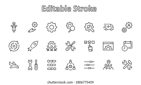 Conjunto de ajustes y iconos de línea de vectores de configuración. Contiene iconos como Engranaje, Configuración, Control, Iinstall, Opciones, Servicio y más. Stroke editable. 32x32 píxeles.