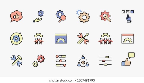 Set of Settings and Setup Vector Line Icons. Contains such Icons as Gear, Setting, Control, Iinstall, Options, Service, and more. Editable Stroke. 32x32 Pixels.